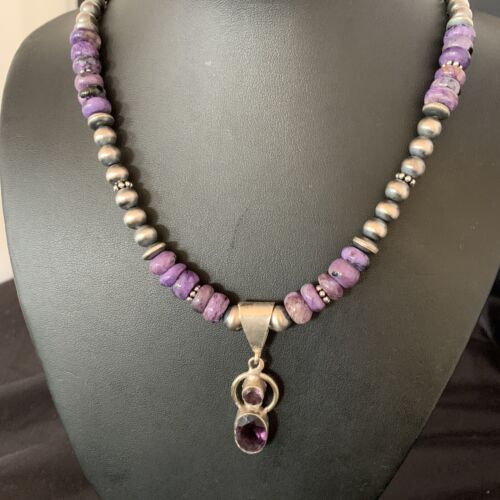 Navajo Purple Charoite and Amethyst Pendant Necklace | Authentic Native American Sterling Silver | Multi-Stone | 22" | 13412