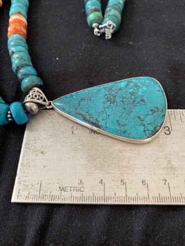 Spiny Oyster Turquoise Navajo Pearls | Spiderweb Pendant | Sterling Necklace | Southwestern | 00835