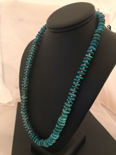 Santo Domingo Kingman Turquoise Necklace | Sterling Silver | 21" | Authentic Native American Handmade | 3996 - Masha USA