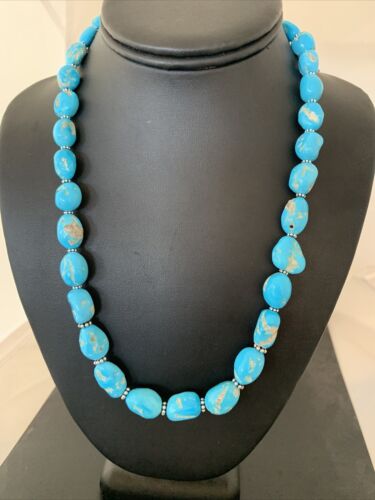 Navajo Sleeping Beauty Turquoise Beads Necklace | Sterling Silver Pearls | Authentic Native American Handmade | 00800