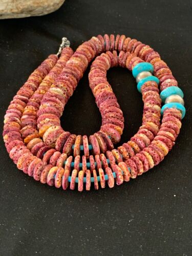 Authentic Native American Navajo Necklace | Purple Spiny Oyster & Turquoise | Sterling Silver Navajo Pearls | 36"