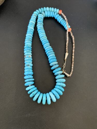 Navajo Pearls Bead Necklace with Blue Turquoise | Sterling Silver | 28" | Authentic Native American | 12537