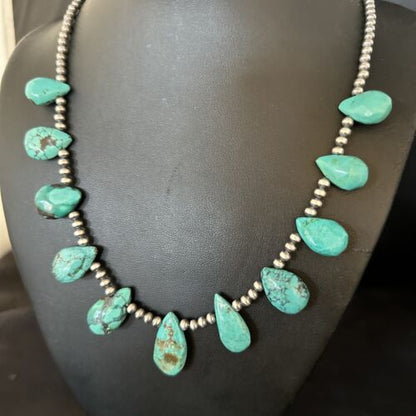 Navajo Teardrop Blue Turquoise Necklace | Sterling Silver Pearls | Authentic Native American Handmade | 14388