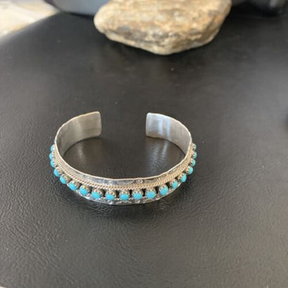Native American Zuni Blue Turquoise Cuff Bracelet | Sterling Silver Handmade | 12694 - Masha USA
