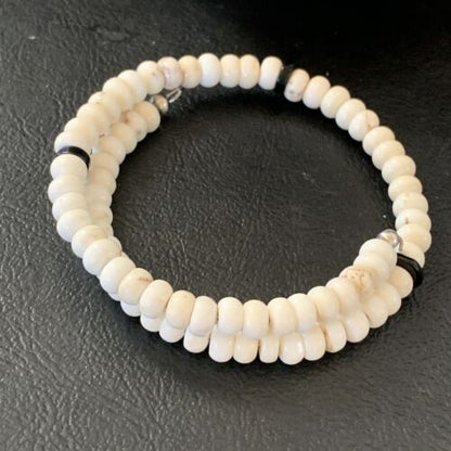 Memory Wire Stainless Steel Howlite Onyx Bead Bracelet | Sterling Silver | Native American Handmade | 1957