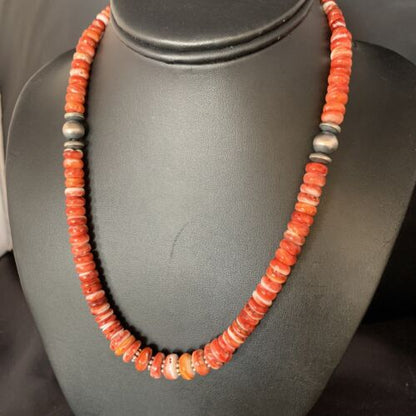 Navajo Red Spiny Oyster Graduated Necklace | Sterling Silver | Authentic Native American | 18" | 13616