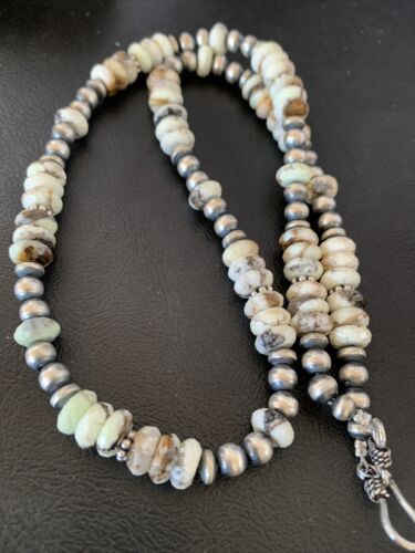 Men's Navajo Pearl Necklace with Wild Horse Turquoise Pendant | Sterling Silver | Single Strand | 10474