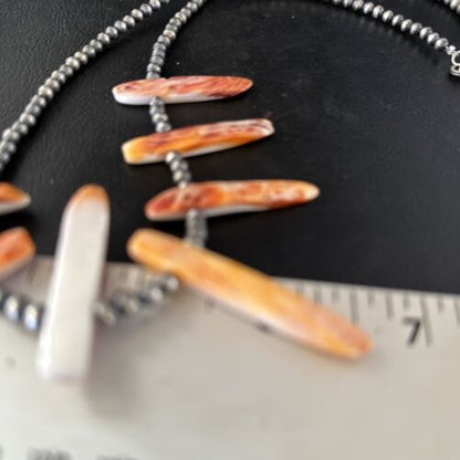 Navajo Orange Spiny Oyster Stick Bead Necklace | Sterling Silver | 20" | Authentic Native American Handmade | 14320