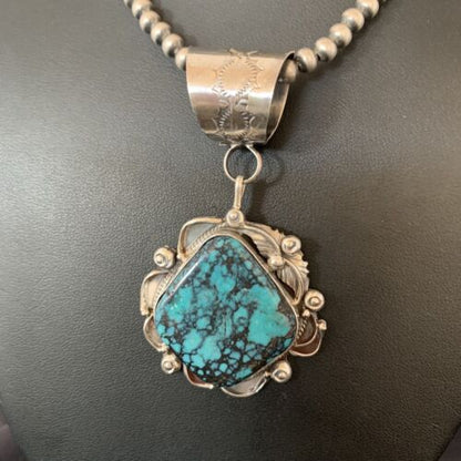 Men's Navajo Blue Spiderweb Turquoise Pendant Necklace | Sterling Silver | Authentic Native American Handmade | 10663