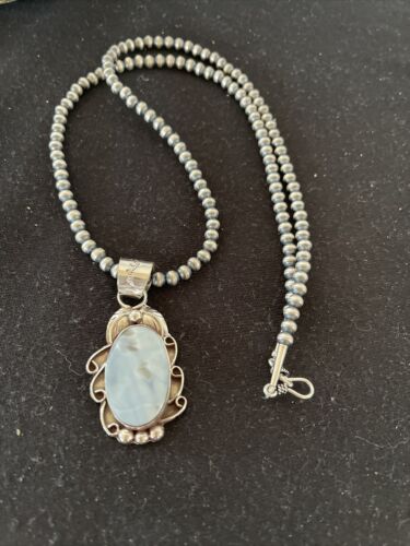 Navajo Blue Larimar Pendant Necklace | Sterling Silver Beads | Authentic Native American Handmade | 01212