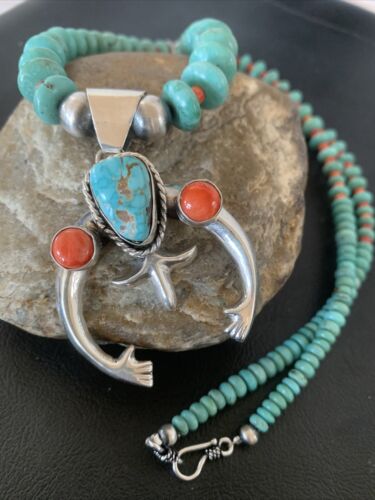 Navajo Pearls Sterling Silver Necklace | Blue Turquoise & Spiny Oyster Naja Pendant | Authentic Native American Handmade | 02059