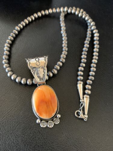 Navajo Orange Spiny Oyster Pendant Necklace | Sterling Silver | Authentic Native American Handmade | 13085