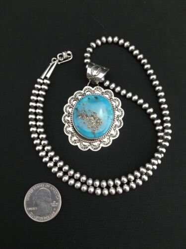 Men's Kingman Turquoise Pendant | Navajo Pearl Sterling Silver Necklace | Authentic Native American Handmade | 4876