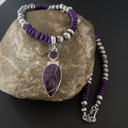 Navajo Pearls Necklace with Purple Sugilite Pendant | Sterling Silver | Multi-Stone | 11334