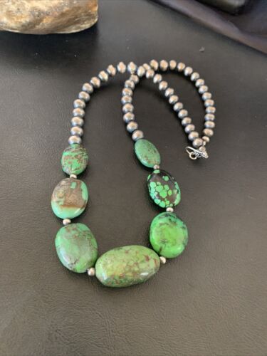 Chunky Navajo Graduated Natural Green Turquoise Necklace | Sterling Silver | Authentic Native American | 18" | 11769