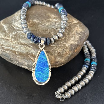 Navajo Turquoise Lapis Necklace with Opal Pendant | Sterling Silver | Authentic Native American Handmade | 14366