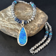 Blue Turquoise Lapis Necklace with Opal Pendant | Navajo Sterling Silver | Authentic Native American Handmade | 14367