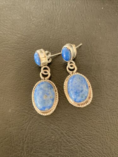 Navajo Denim Lapis Dangle Earrings | Sterling Silver | 1.1" | Authentic Native American Handmade | 1701