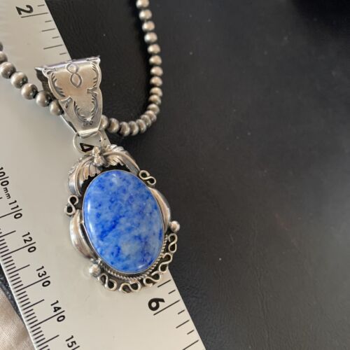 Navajo Denim Lapis Necklace Pendant | Sterling Silver Pearls | Authentic Native American Handmade | 12436