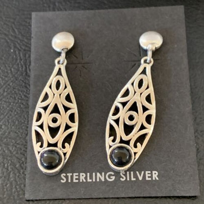 Navajo Black Onyx Drop Earrings | Sterling Silver | 1.25" | Authentic Native American Handmade | 12650