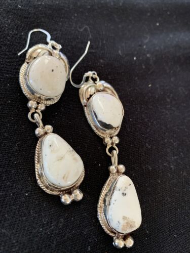 Navajo White Buffalo Turquoise Dangle Earrings | Sterling Silver | 2.50" | Authentic Native American Handmade | 1665
