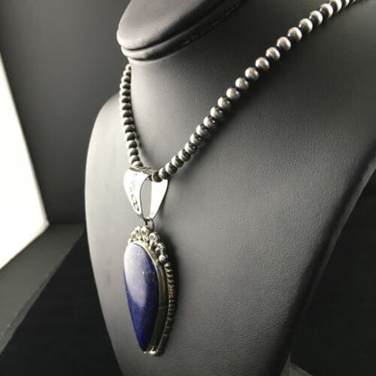 Native American Men's Navajo Pearls Necklace Pendant | Sterling Silver | Blue Lapis | 10081