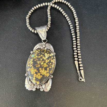 Navajo Green Spiderweb Turquoise Pendant Necklace | Sterling Silver Beads | Authentic Native American Handmade | 14806