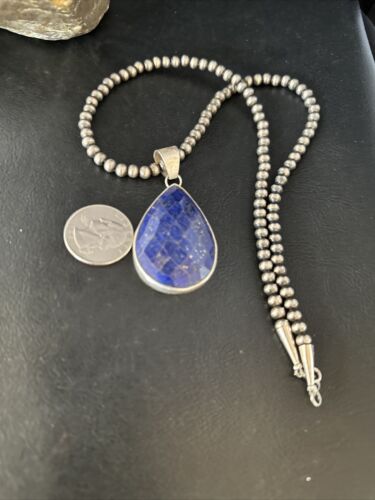 Men's Navajo Pearls Necklace with Faceted Lapis Pendant | Sterling Silver | Authentic Native American Handmade | 14468