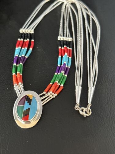 Multi-Color Liquid Silver Heishi 5-Strand Necklace | Sterling Silver Pendant | 14823