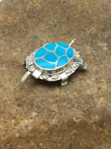 Southwestern Turquoise Zuni Turtle Pin Pendant | Sterling Silver | Native American Handmade | 2806