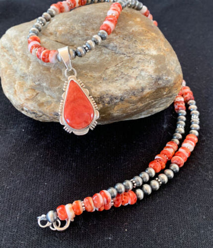 Navajo Red Spiny Oyster Pendant Necklace | Sterling Silver | 20" | Authentic Native American Handmade | 376