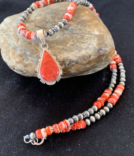 Navajo Red Spiny Oyster Pendant Necklace | Sterling Silver | 20" | Authentic Native American Handmade | 376