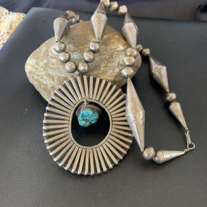 Navajo Old Pawn Blue Kingman Turquoise Pendant | Sterling Silver | 22" Necklace | 10399