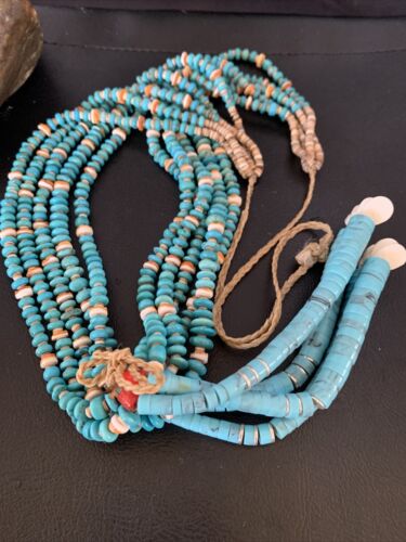 Native American Santo Domingo Spiny Blue Turquoise Shell Jacla Necklace | 5 Strand | 32" | 13192