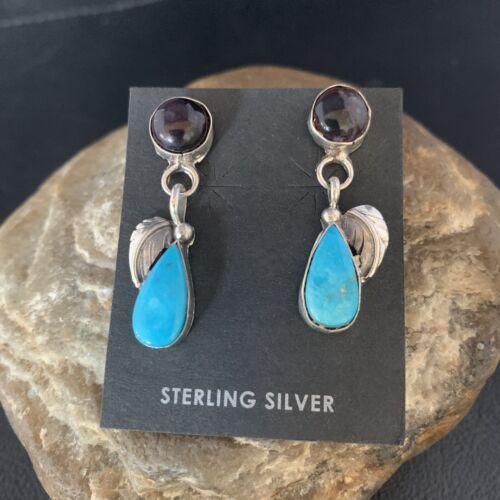 Navajo Sterling Silver Dangle Leaf Earrings | Purple Sugilite & Blue Turquoise | Handmade 13450