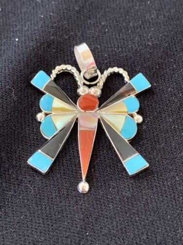 Zuni Turquoise Spiny Oyster Mother of Pearl Butterfly Necklace Pin Pendant | Inlay | Sterling Silver | 1367