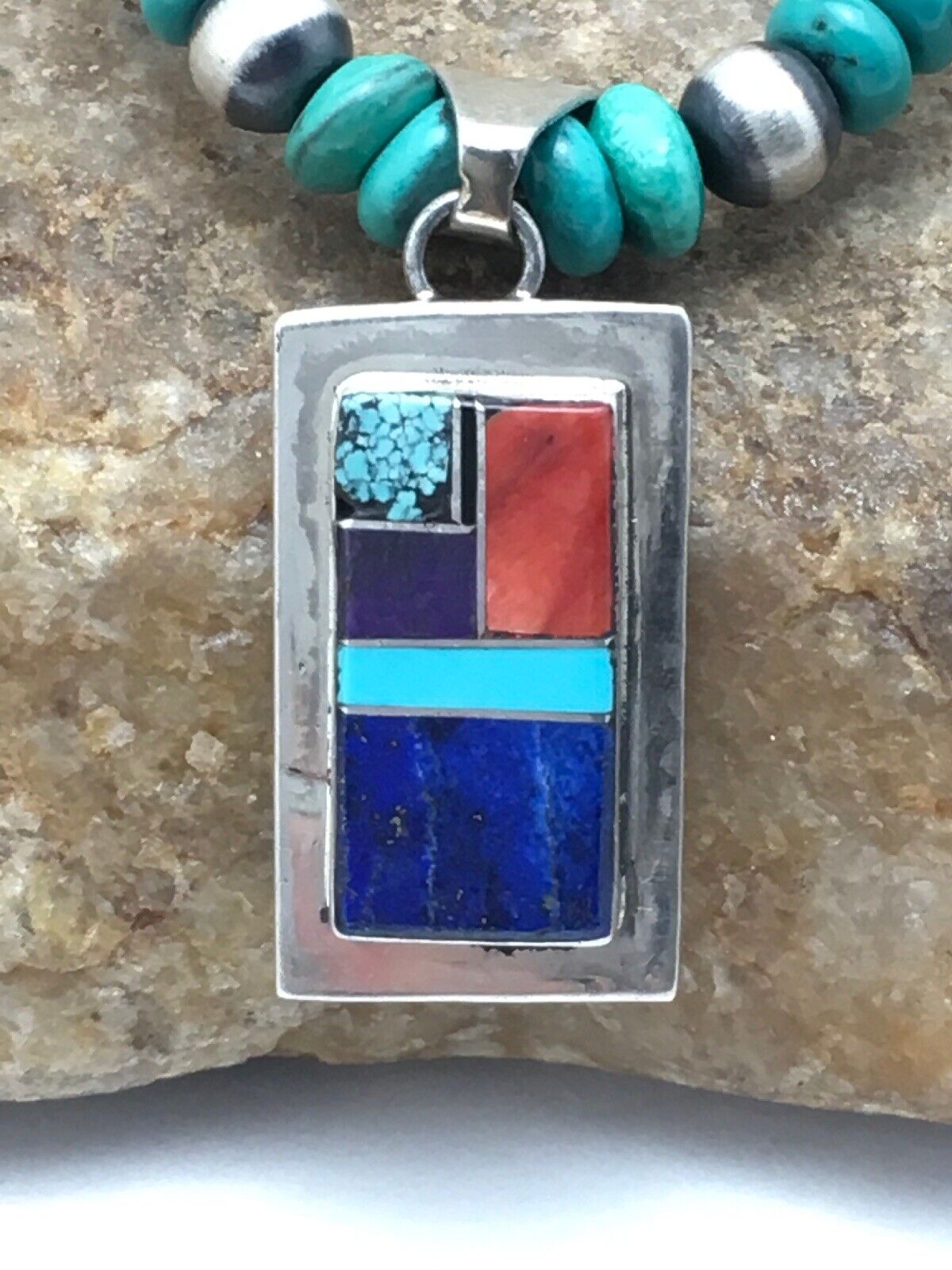 Navajo Turquoise & Lapis Inlay Pendant Necklace | Sterling Silver | 19" | Authentic Native American Handmade | 4077