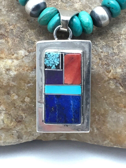Navajo Turquoise & Lapis Inlay Pendant Necklace | Sterling Silver | 19" | Authentic Native American Handmade | 4077