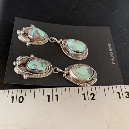 Navajo Blue Dry Creek Turquoise Post Dangle Earrings | Sterling Silver | Authentic Native American Handmade | 13816