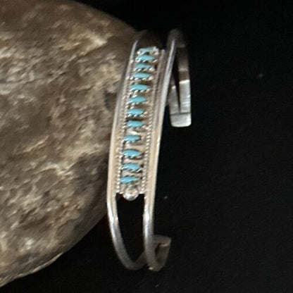 Zuni Blue Turquoise Needle Point Cuff Inlay Bracelet | Sterling Silver | Authentic Native American Handmade | 14594