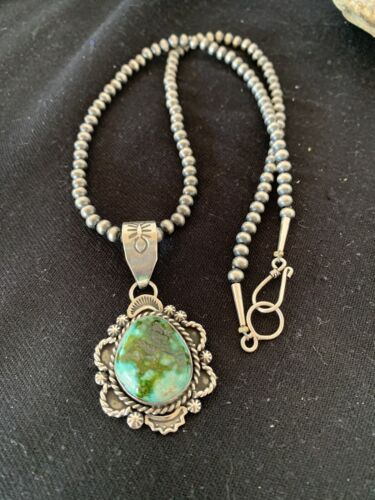 Navajo Green Sonoran Gold Turquoise Pendant | Sterling Silver | Authentic Native American Handmade | 687