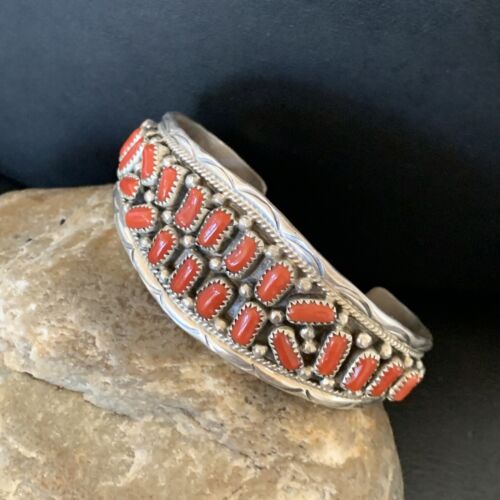 Navajo Multi-Stone Red Coral Bracelet | Sterling Silver | Authentic Native American Handmade | 12235