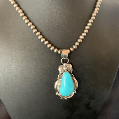 Men's Navajo Pearls Necklace with Blue Kingman Turquoise Pendant | Sterling Silver | Native American Handmade | 12592 - Masha USA