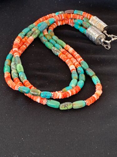 Navajo Green Turquoise Spiny Necklace Set | Sterling Silver | Authentic Native American Handmade | 2979 - Masha USA