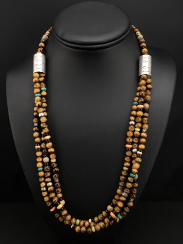 Navajo Sterling Necklace | Tiger's Eye & Turquoise | Multi-Color 3 Strand | 18" | 4892