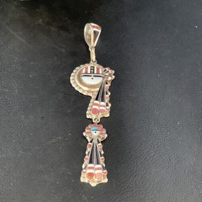 Zuni Kachina Coral Mother of Pearl Onyx Inlay Pin Pendant | Sterling Silver | 4.20" | 13688