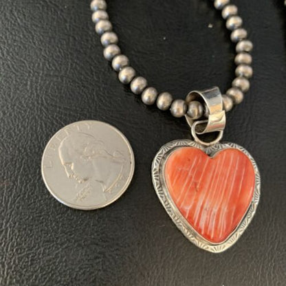 Navajo Red Heart Spiny Oyster Pendant Necklace | Sterling Silver | Authentic Native American Handmade | 13951 - Masha USA