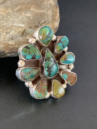 Navajo Green Turquoise Multi-Stone Cluster Ring | Authentic Native American Sterling Silver | Sz 11 | 02195