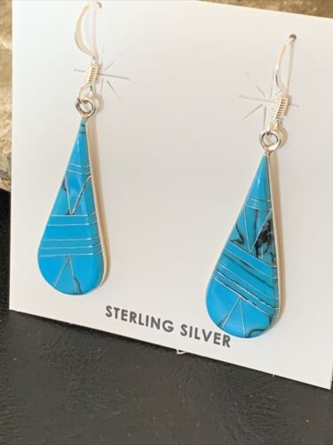 Navajo Sterling Silver Blue Turquoise Inlay Dangle Drop Earrings | 1.5" | Authentic Native American Handmade | 12311