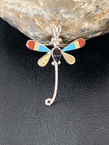 Zuni Turquoise & Yellow Mother of Pearl Inlay Dragonfly Sterling Necklace Pin Pendant | 12320